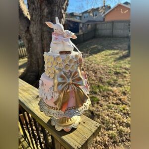 White Easter Bunny Rabbit Figurine on Cake Stand with flowers gold Bow and stand